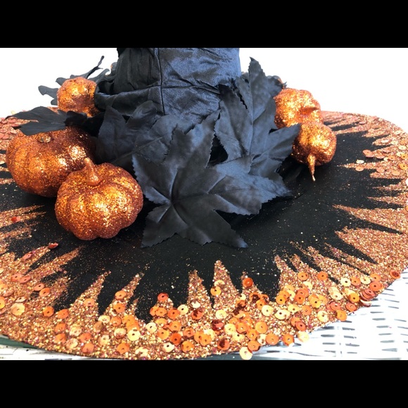 1 of Pumpkin patch witch hat Orange sparkles top & under brim black leaves 18"h - Picture 12 of 16